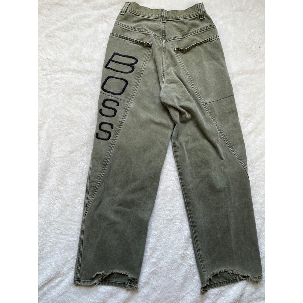 BOSS Jeans Men Olive Green Vintage Baggy Embroidered Wide Leg 27x30